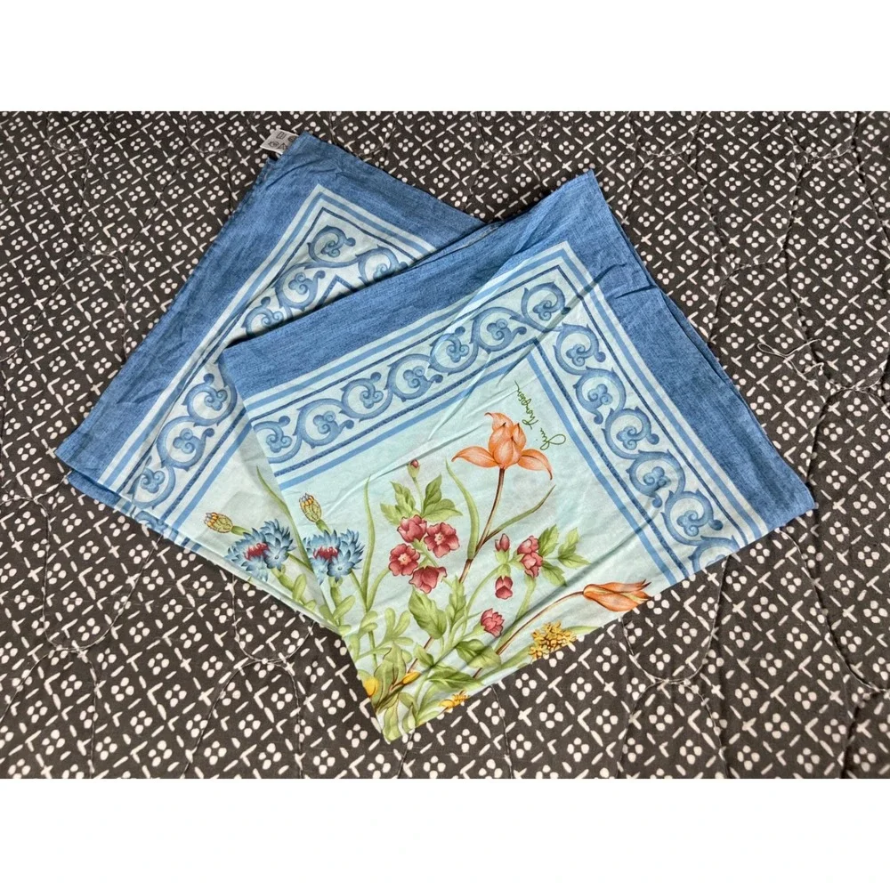 Jim Thompson Blue Floral Cotton Square Scarf Made in Thailand 18.5in